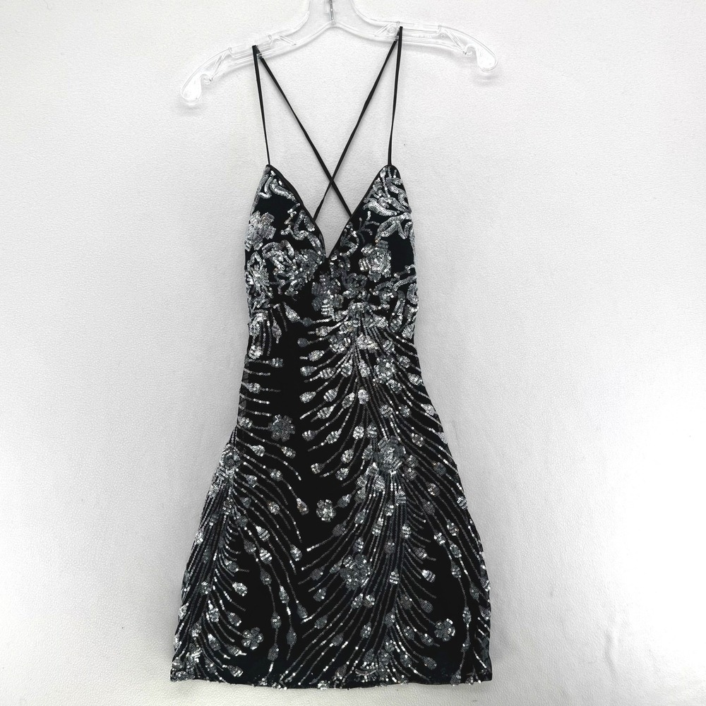 Lulus Mini Dress Women Medium Black Silver Sequin Lace Up Back Homecoming HOCO